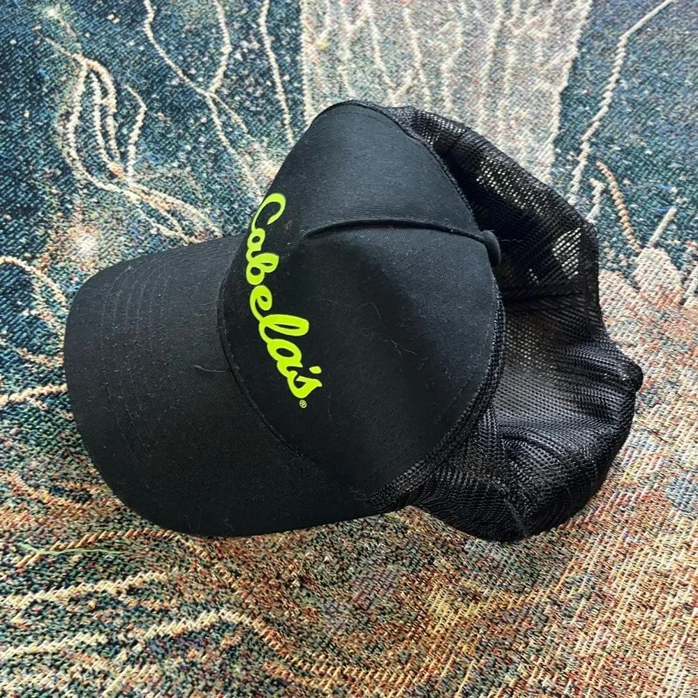 Cabela's Black Fishing Hat with Bright Green Logo SnapBack Hunting Adjustable